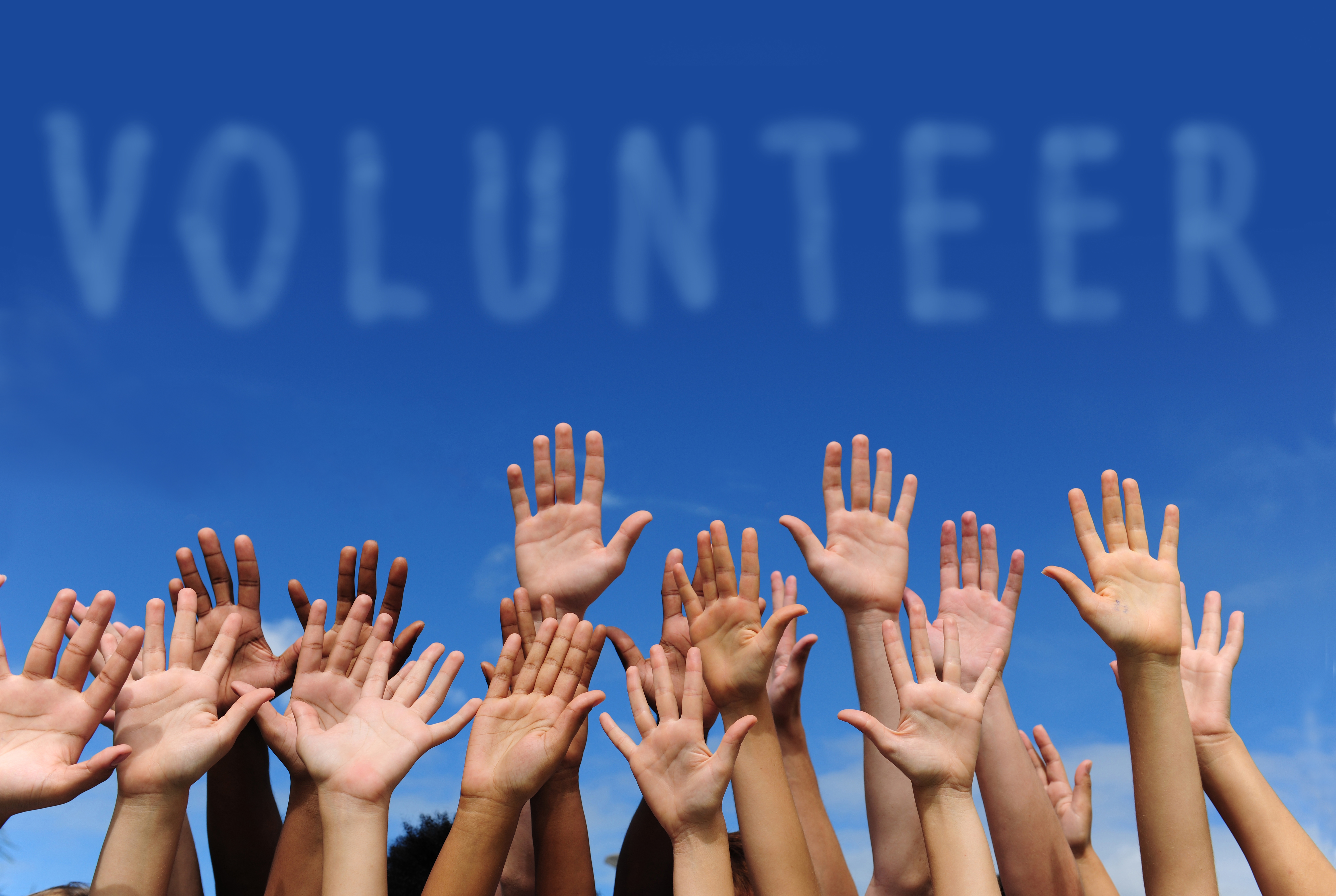 many hands raised in the air with sky background and the word volunteer