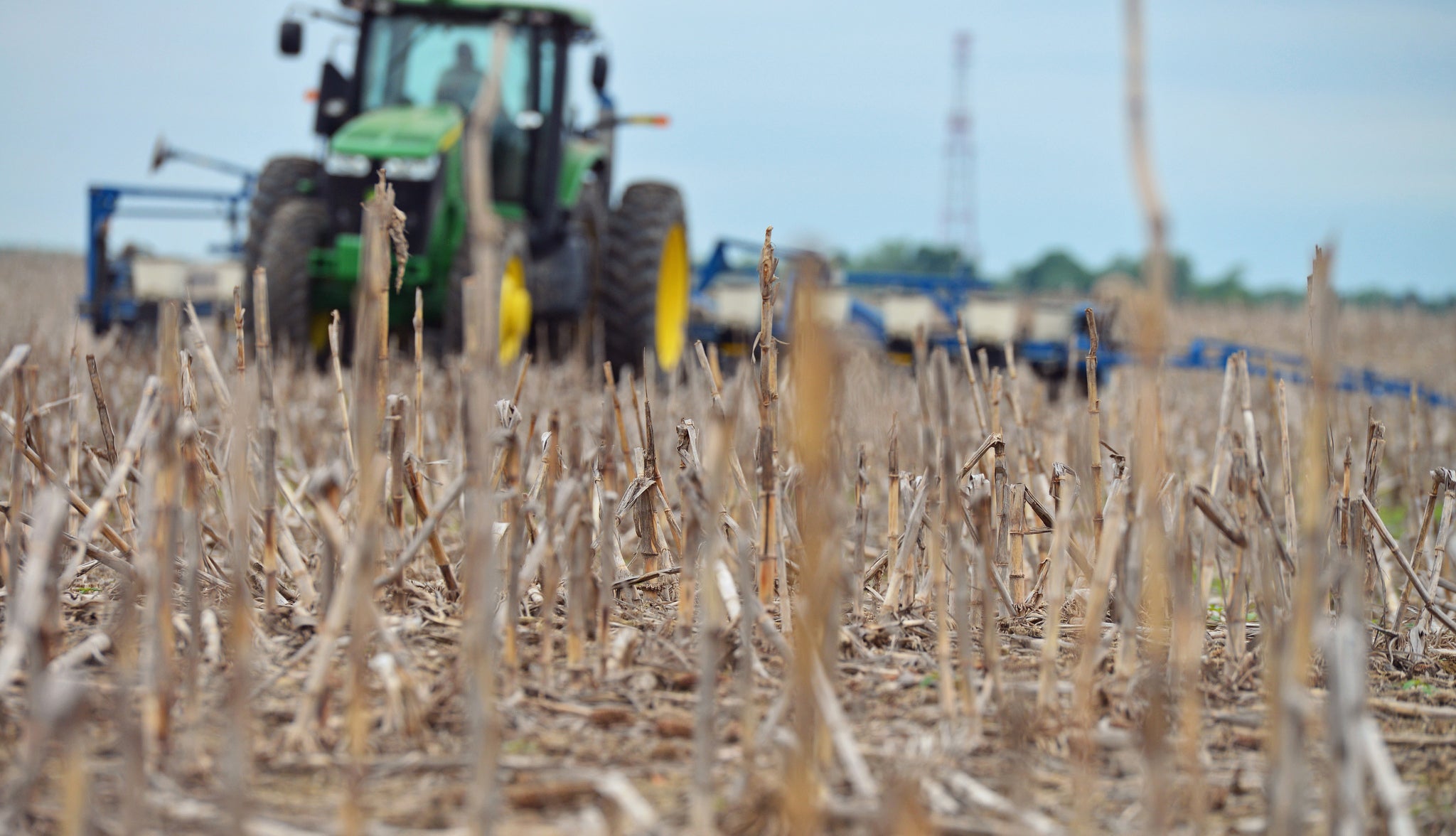 A green tractor planting soybeans in a field that's ready to plant.
