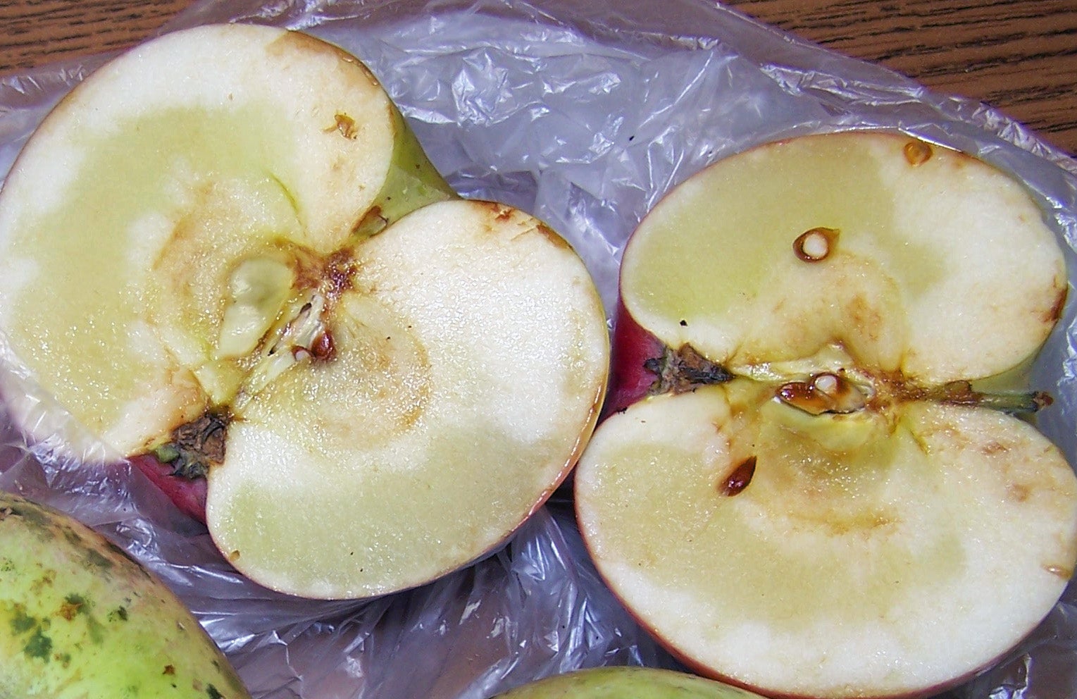 An apple sliced open revealing a wet, mushy inner core