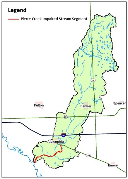 A black and white map of South Dakota outlining the pierre creek watershed area in green.