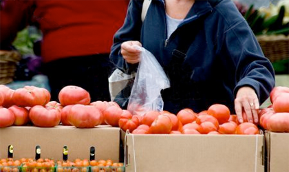 a person putting tomatoes into a bag.