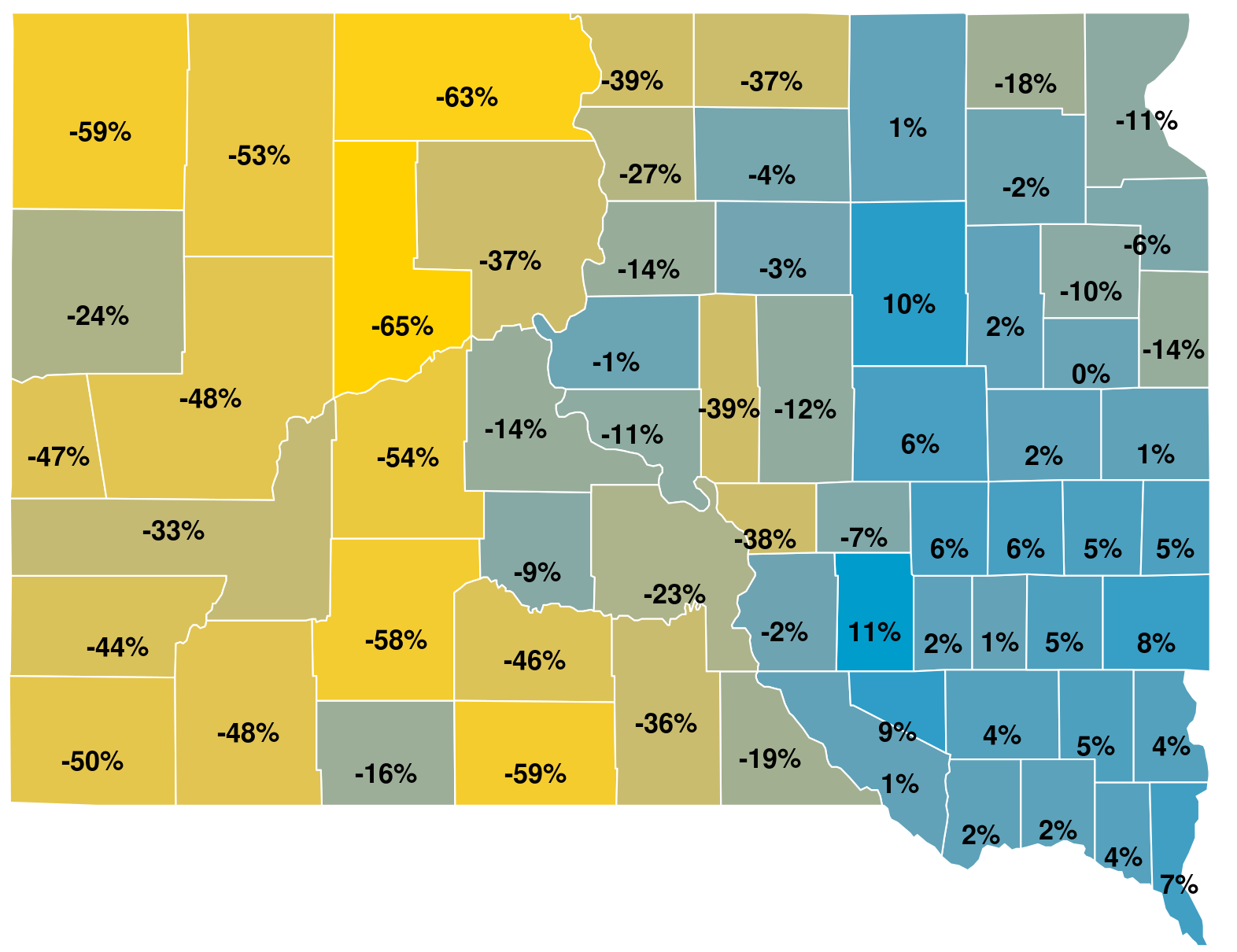 map of South Dakota counties displaying percentage changes for ag land value based on the probable use method