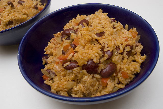 Red beans and rice in a blue bowl.