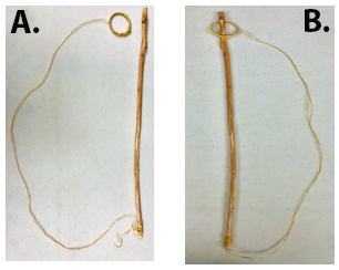Ring the stick diagram. Left: A stick with a string and a loose ring tied to the end of it. Right: The same stick with the ring flipped around and secured around the stick.