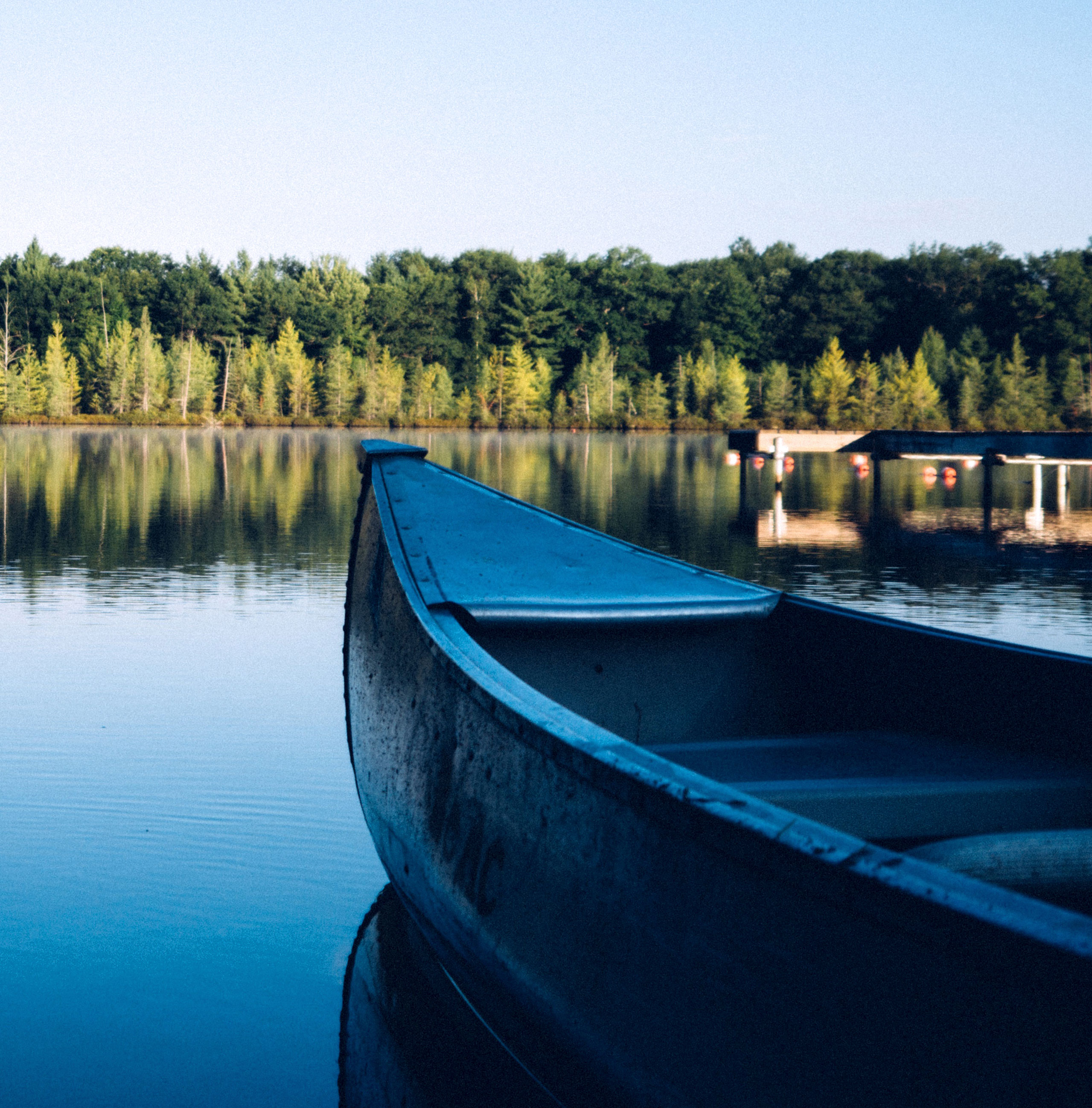Canoe floating in a lake near a wooded area