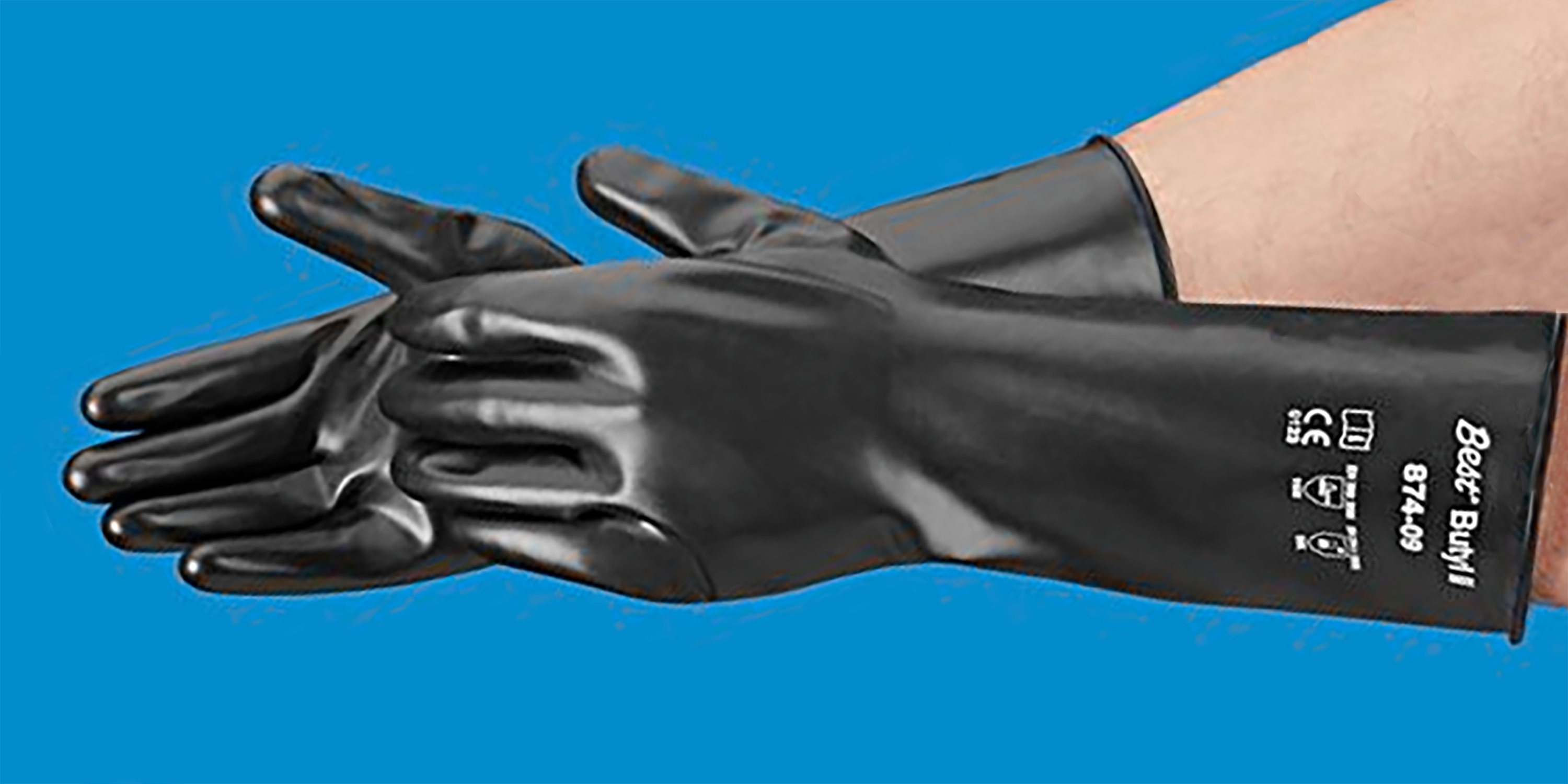 Black gloves made out of butyl rubber.