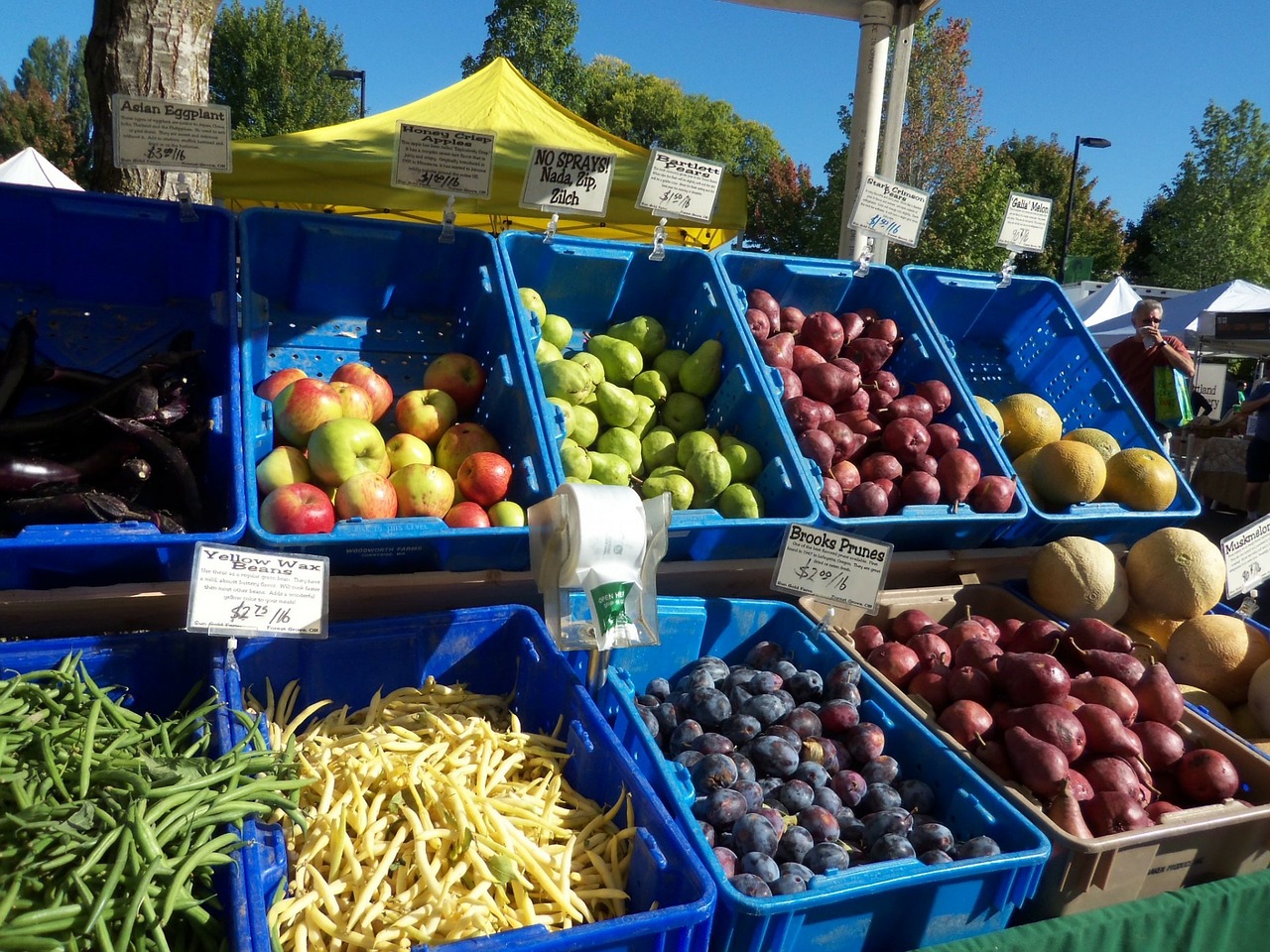 assorted fruits and vegetables on display at a farmer's market