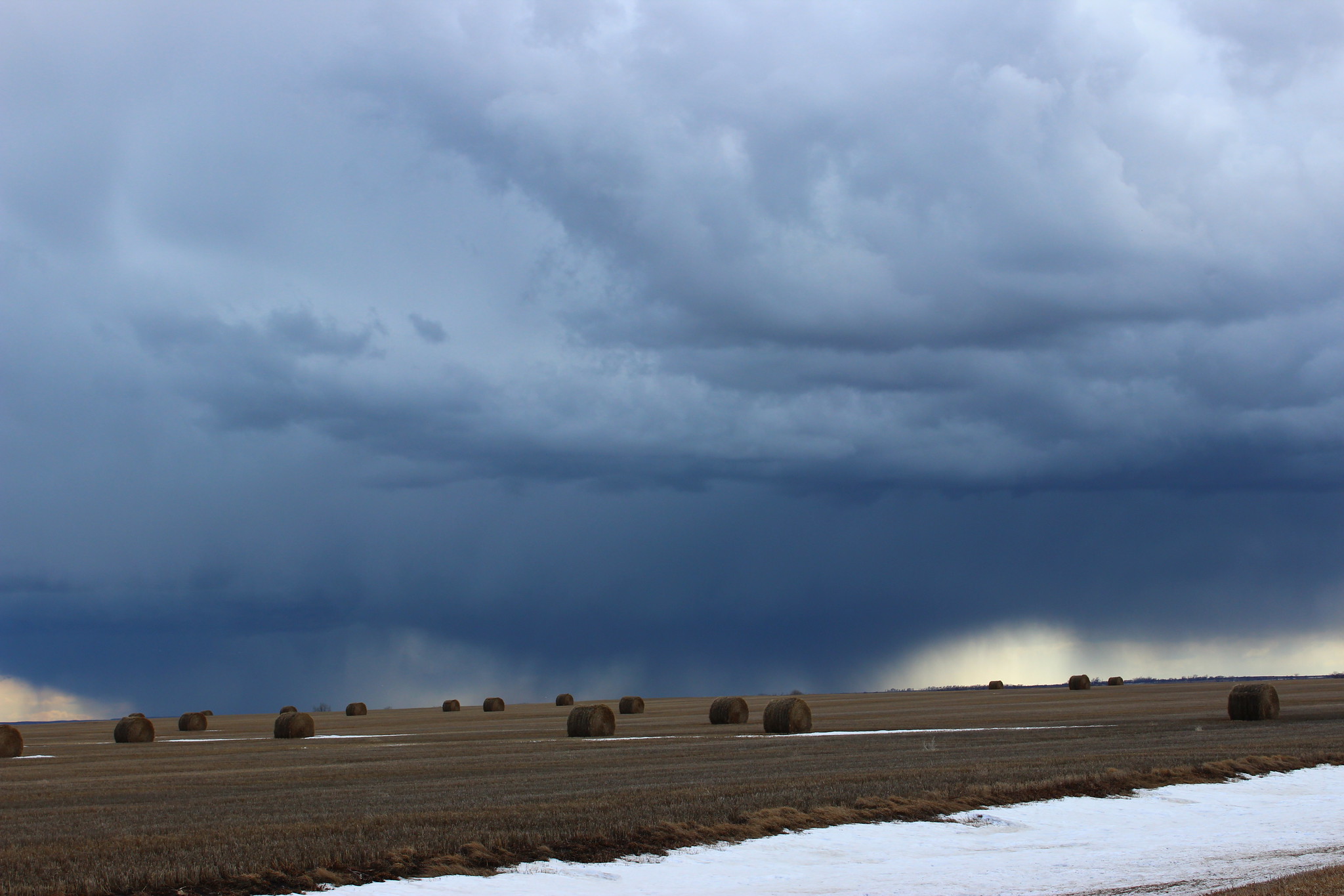 Rain shower over a field with several hay bales throughout. Courtesy: Krista Lundgren, USFWS
