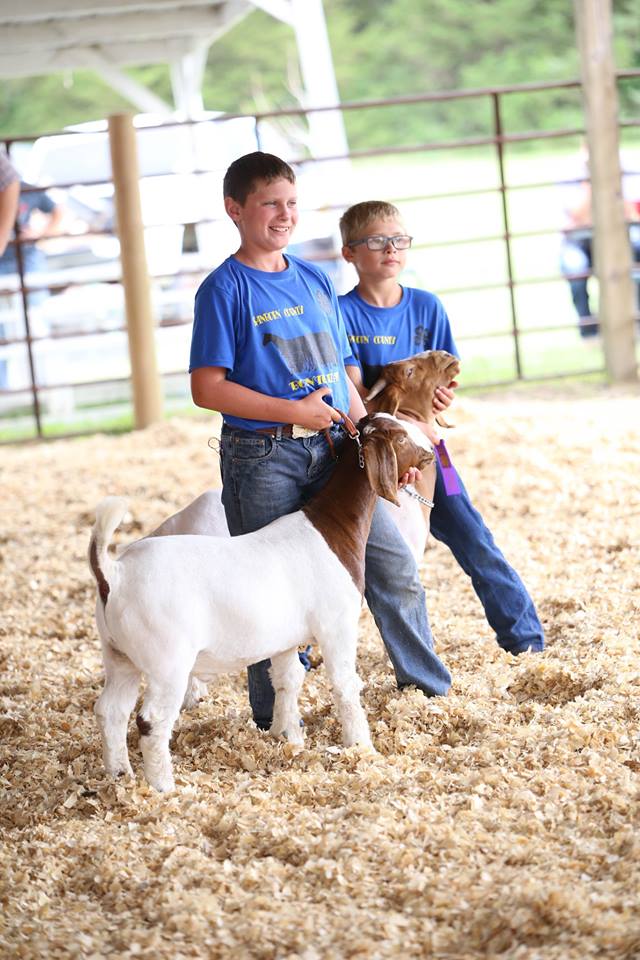 two young males with their show goats at a competition