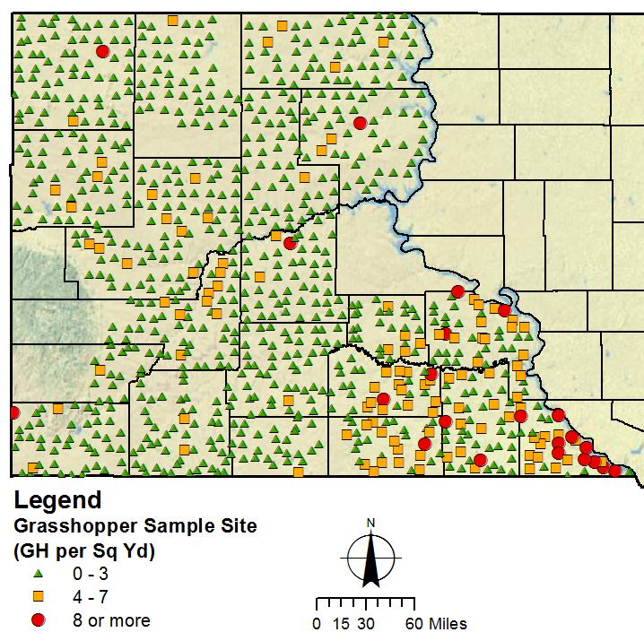 Image of western South Dakota where green triangles indicate areas with low grasshopper populations, orange squares indicate medium grasshopper populations, and red circles indicate high grasshopper populations that exceeded thresholds.