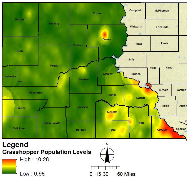 Image of western South Dakota where green indicates areas with low grasshopper populations, yellow-orange indicates areas where grasshopper populations were approaching threshold, and red indicates areas with high grasshopper populations that exceeded thresholds.