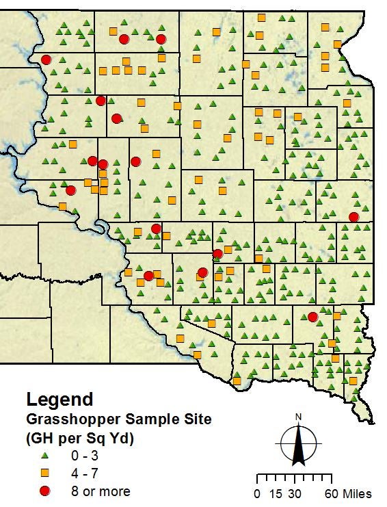 Image of eastern South Dakota where green triangles indicate areas with low grasshopper populations, orange squares indicate medium grasshopper populations, and red circles indicate high grasshopper populations that exceeded thresholds.