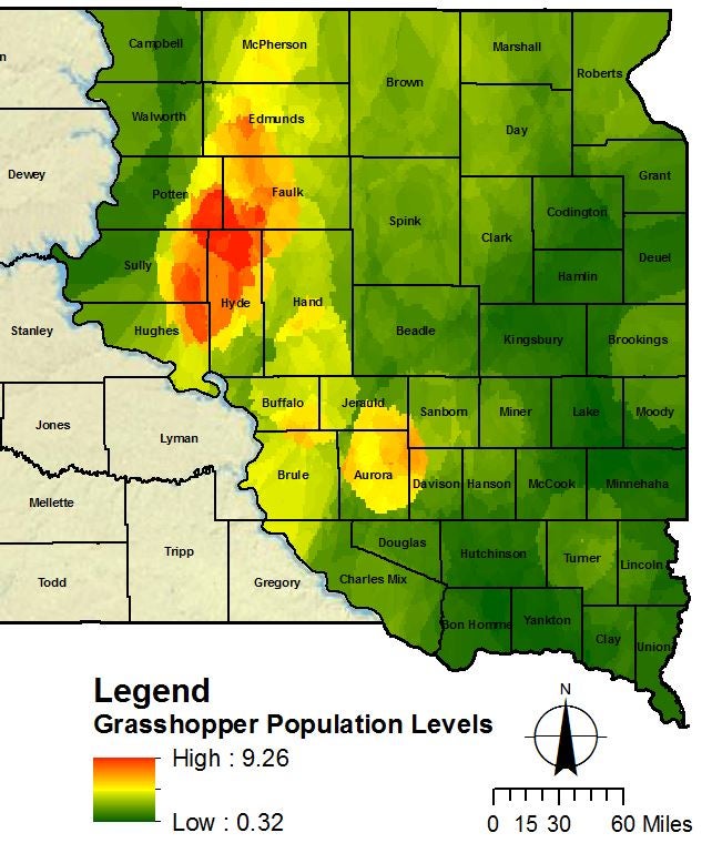 Image of eastern South Dakota where green areas indicates areas with low grasshopper populations, yellow-orange ndicates areas with medium grasshopper populations, and red indicates areas with high grasshopper populations that exceeded thresholds.