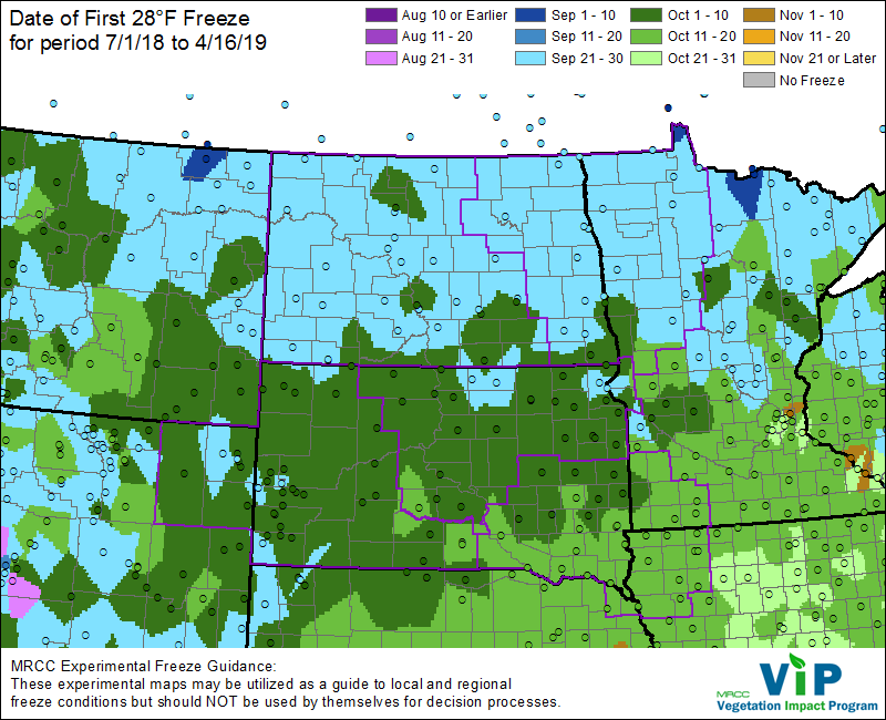 Map of Midwestern states. Map has varying colors of green and blue indicating where first 28 degree Fahrenheit frost occurred.