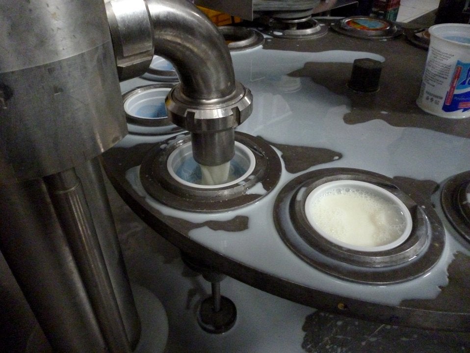 Yogurt cups are filled with a warm yogurt, then quickly sealed and cooled at a dairy processing plant