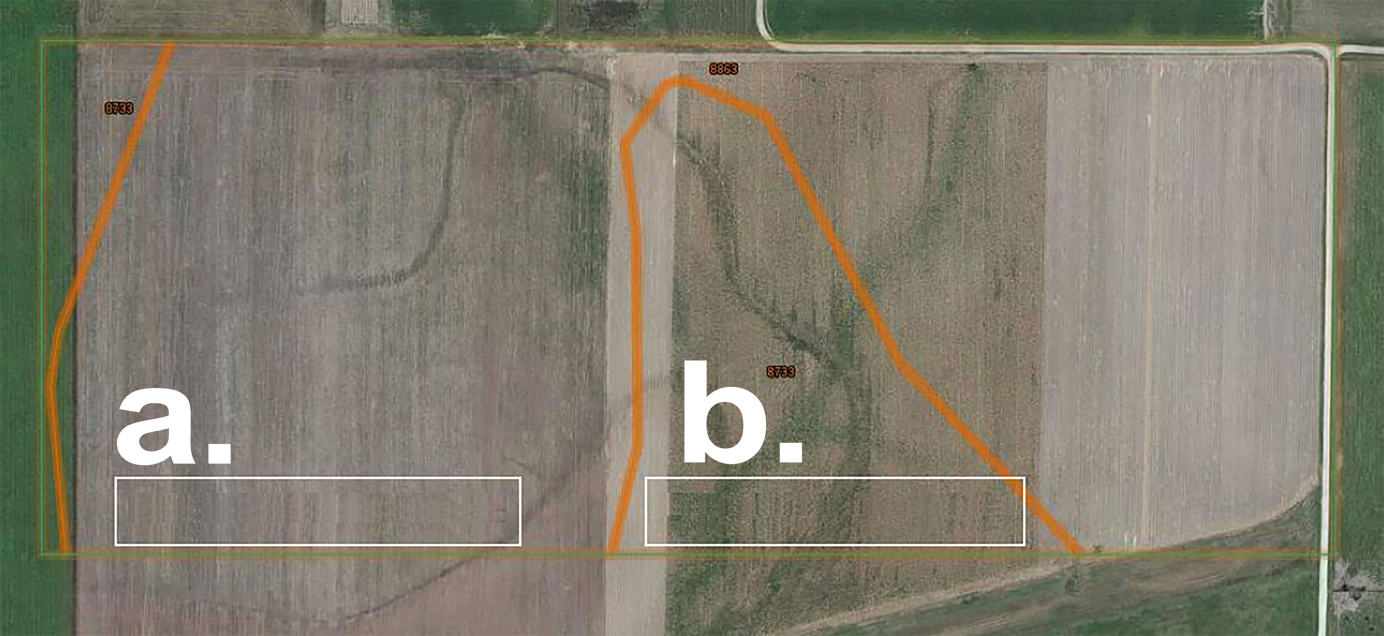 two side-by-side fields. The left is labeled &quot;a&quot;. It has uniform rows and soil. The right is labeled &quot;b&quot;. It has ununiform rows and varying soil quality.