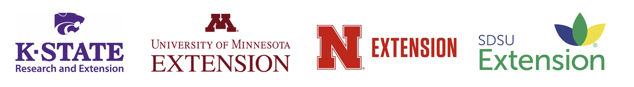 Four logos for Midwestern Extension programs. From Left: Kansas State University Research and Extension, University of Minnesota Extension, Nebraska Extension, SDSU Extension.