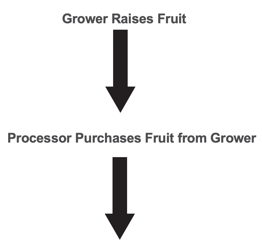 Two black arrows stacked on top of one another and pointing downward. The top arrow has the text &quot;Grower Raises Fruit&quot; above it. The bottom arrow has the text &quot;Processor Purchases Fruit from Grower&quot; above it.