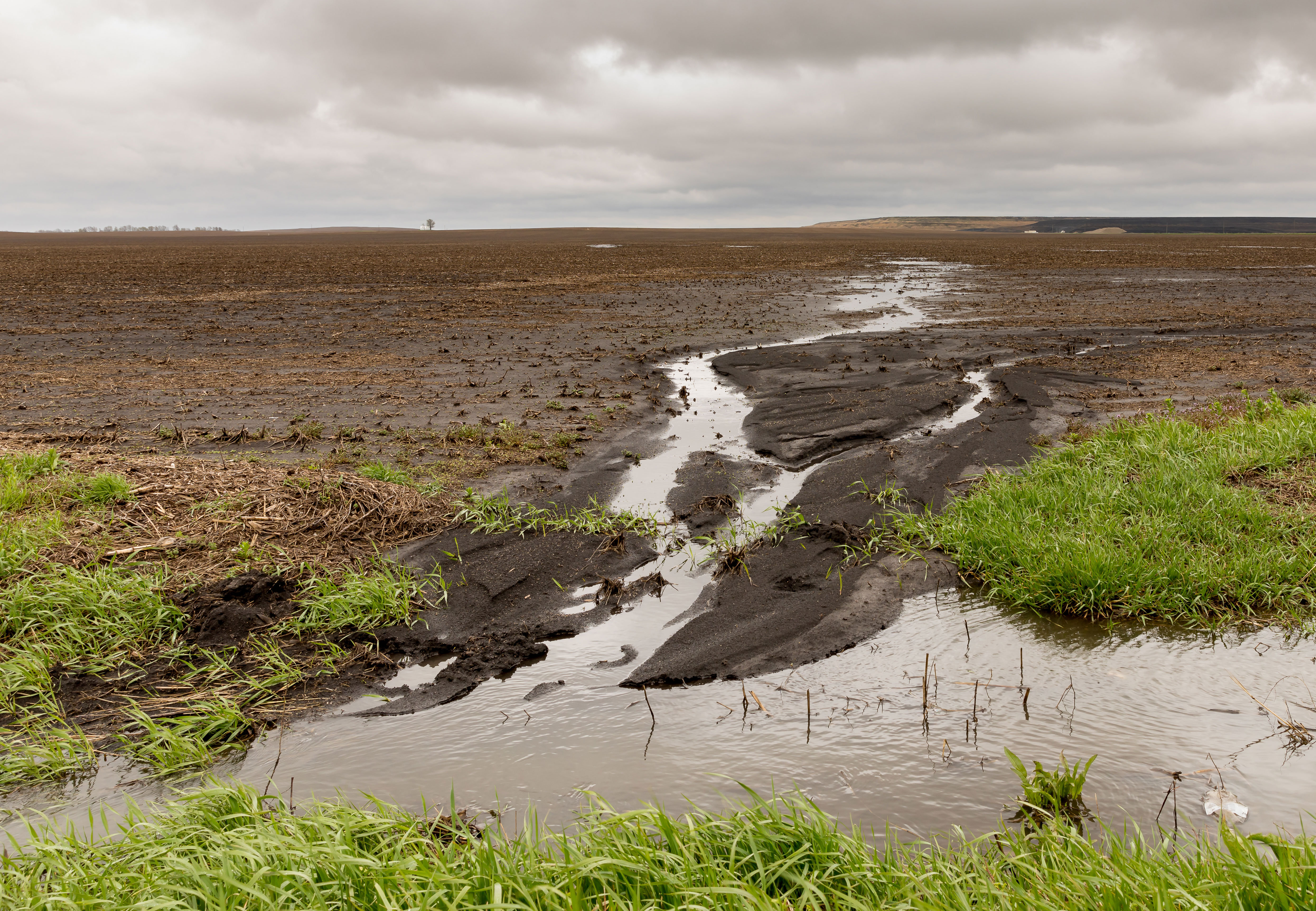 A wet, unplanted field with water pooling and running off into a ditch.