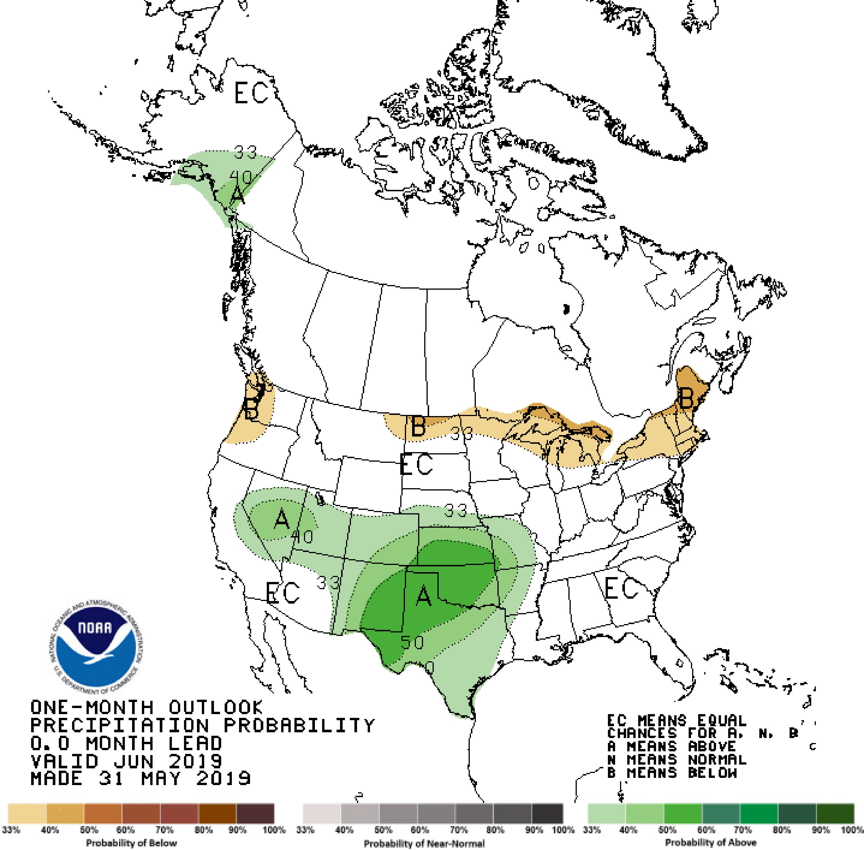 A color-coded map of the United States indicating precipitation outlook for June 2019.