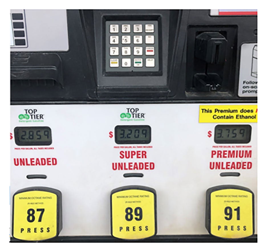 A gas pump with three fueling options: unleaded, super unleaded, and premium unleaded, which does not contain ethanol.