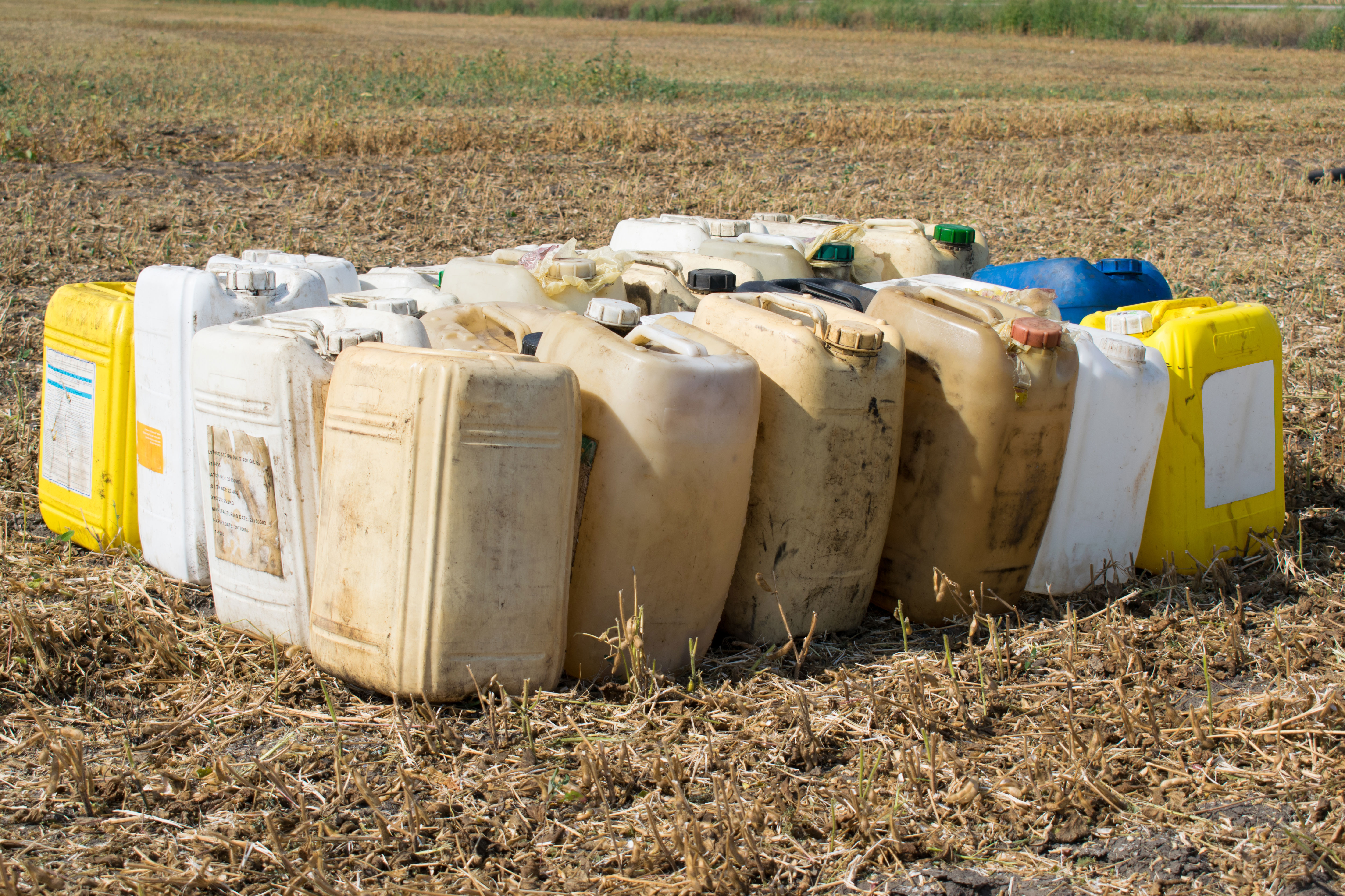 A collection of empty pesticide and herbicide containers.