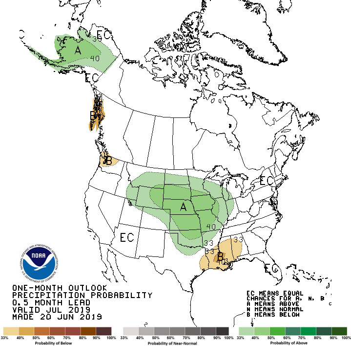 Color-coded map of the United States indicating predicted precipitation for July 2019. South Dakota is set to experience above normal precipitation.