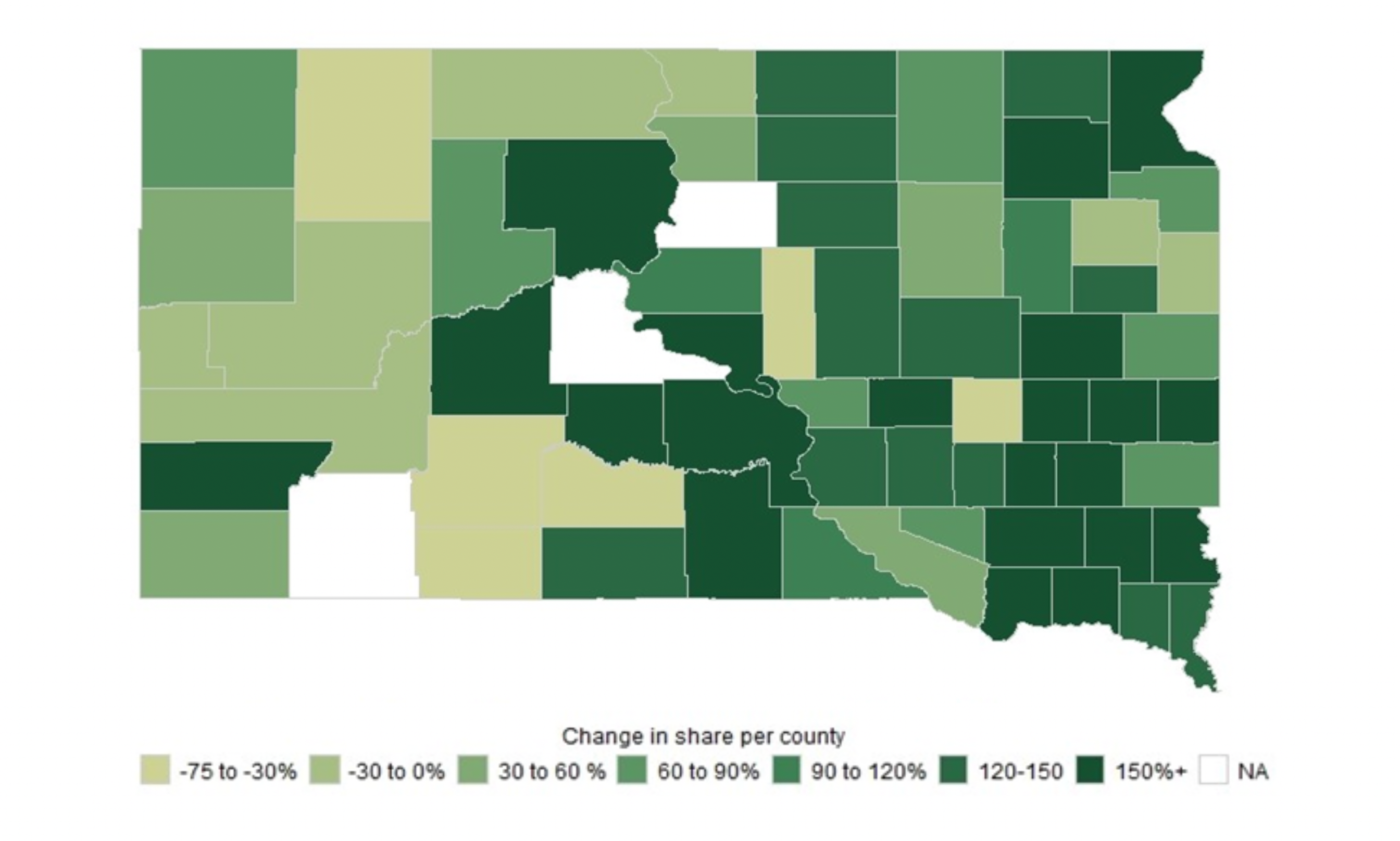 Color-coded map of South Dakota indicating cover crop usage by county in South Dakota. For a complete description, call SDSU Extension at 605-688-6729.
