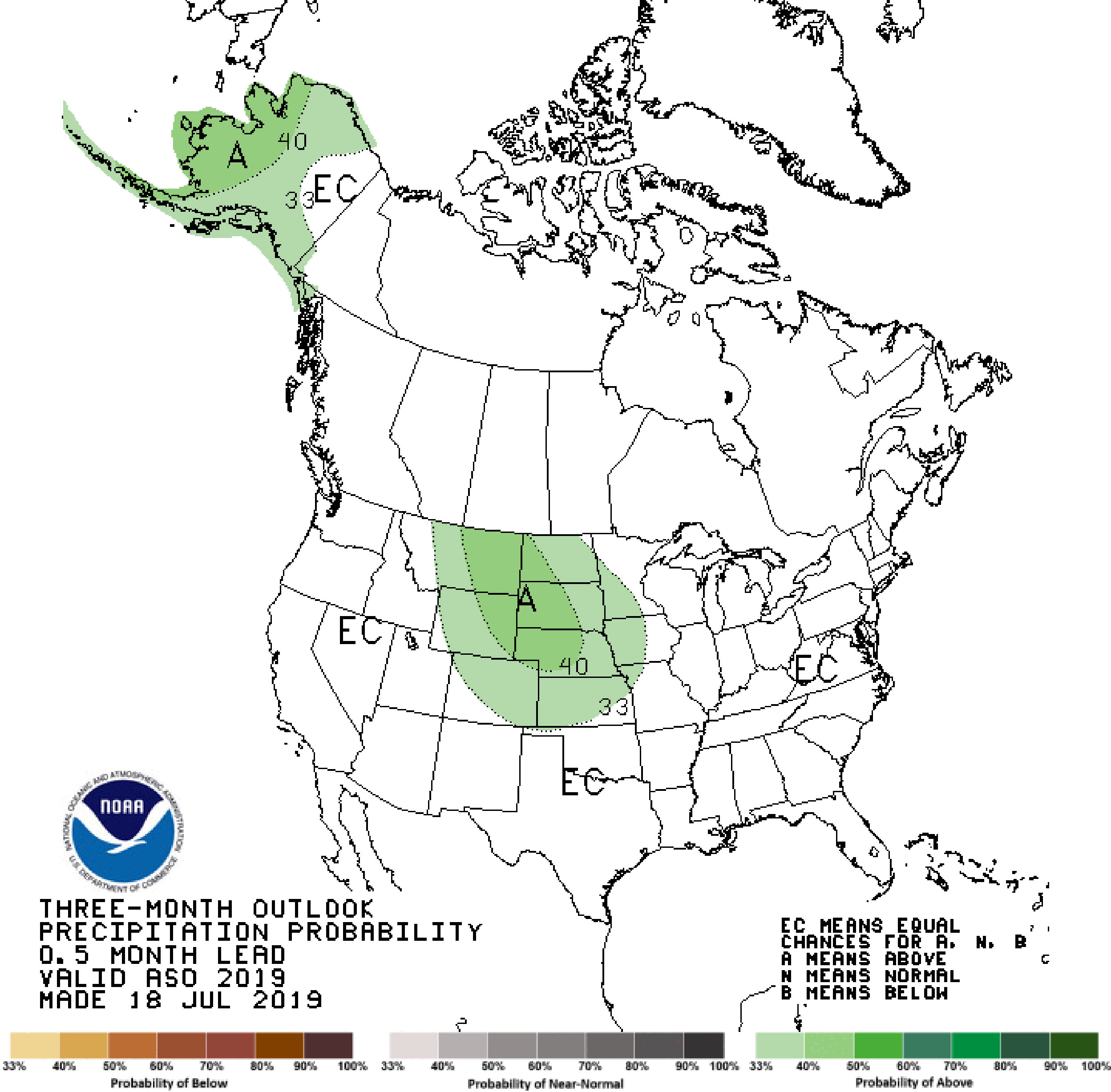 A color-coded map of the United Statees showing the precipitation outlook for August through October 2019. All of South Dakota is light green. Parts of Western South Dakota are a darker green.