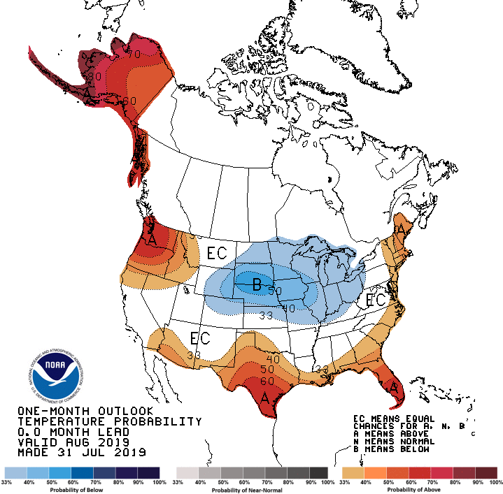 A color-coded map of the united states indicating temperature outlook for August 2019. South Dakota is mostly covered in blue.