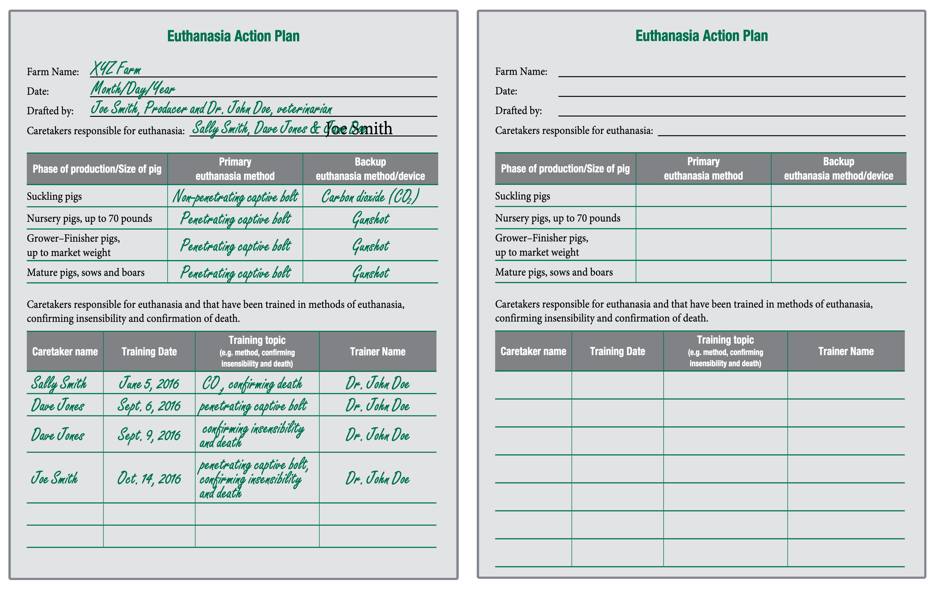 Two sample forms for a euthanasia action plan from the 2016 On-Farm Euthanasia of Swine: Recommendations for the Producer. The form on the left is filled out with sample information. The form on the right is blank.