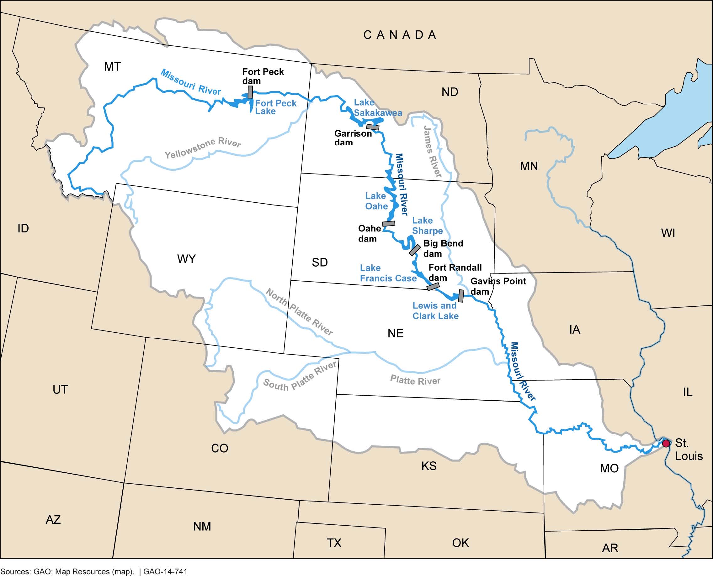 A map of the misouri river basin in the Upper Midwest.