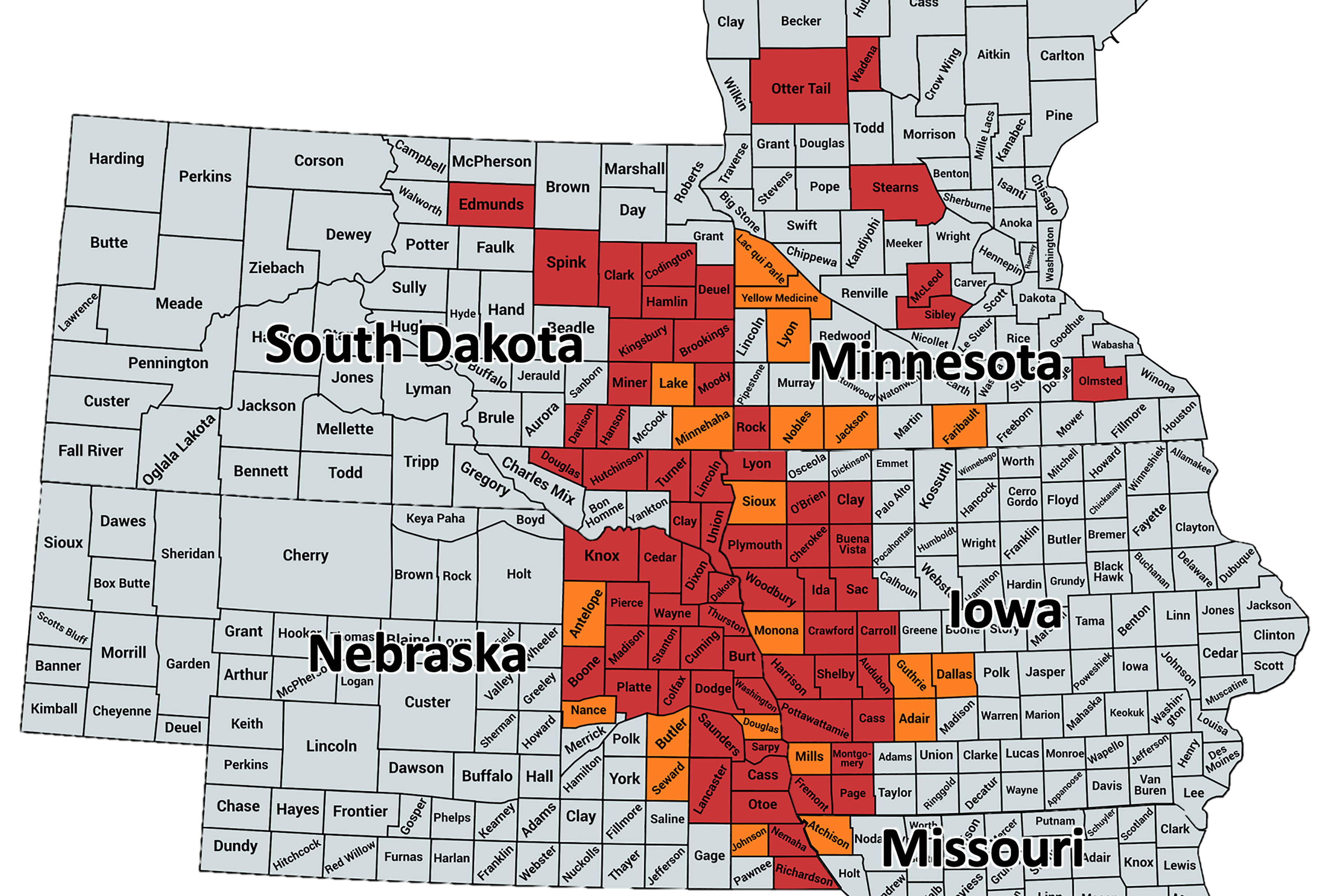 Photo showing counties where soybean gall midge has been confirmed.