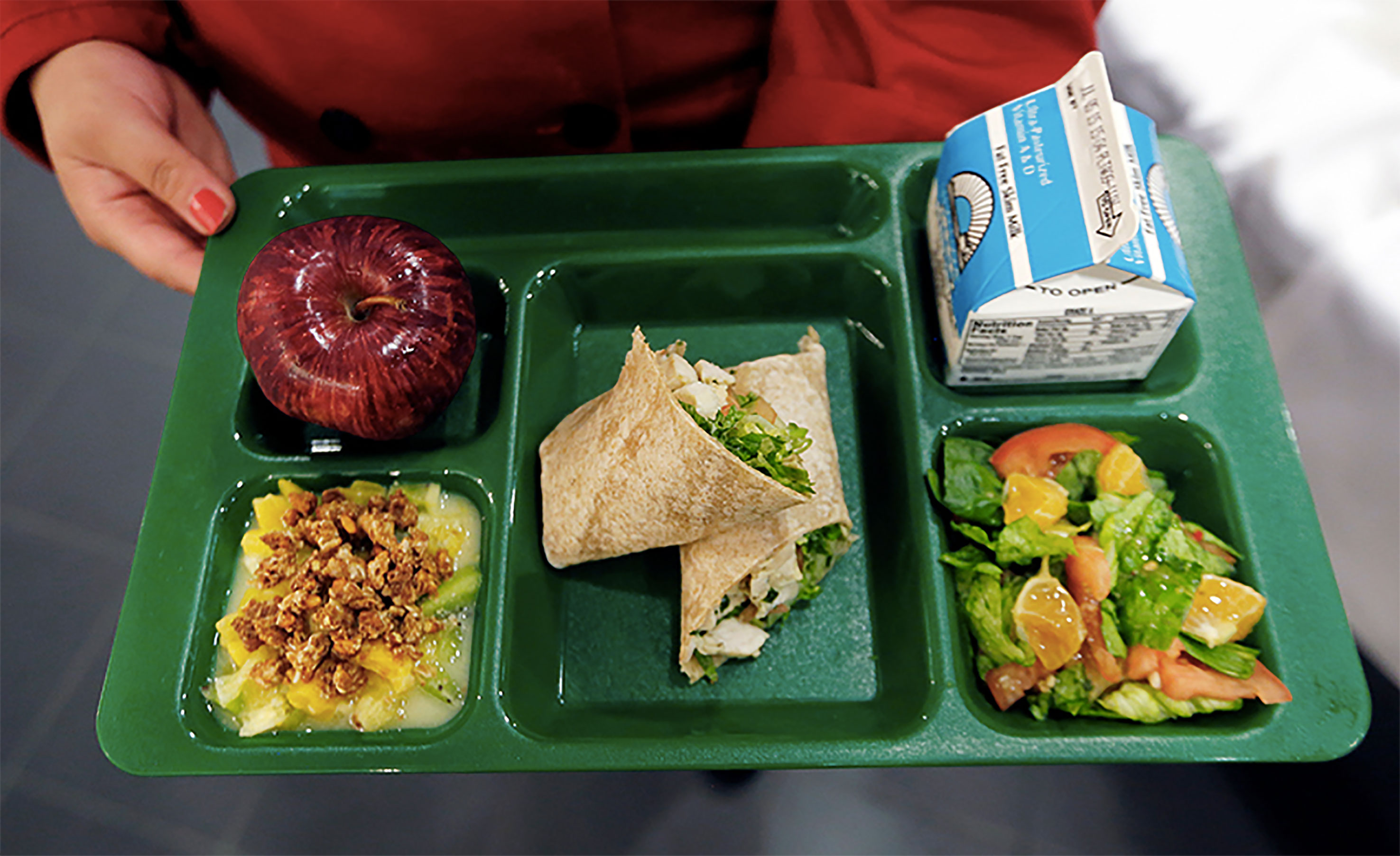A school lunch tray filled with a variety of healthy foods. Courtesy: Healthy Schools Campaign