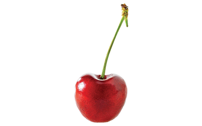 A red cherry with a green stem.