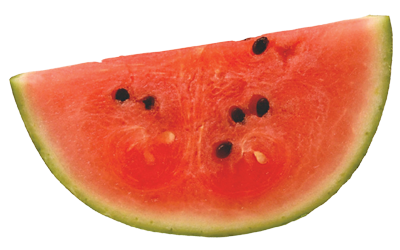 A silce of red watermelon with black seeds.