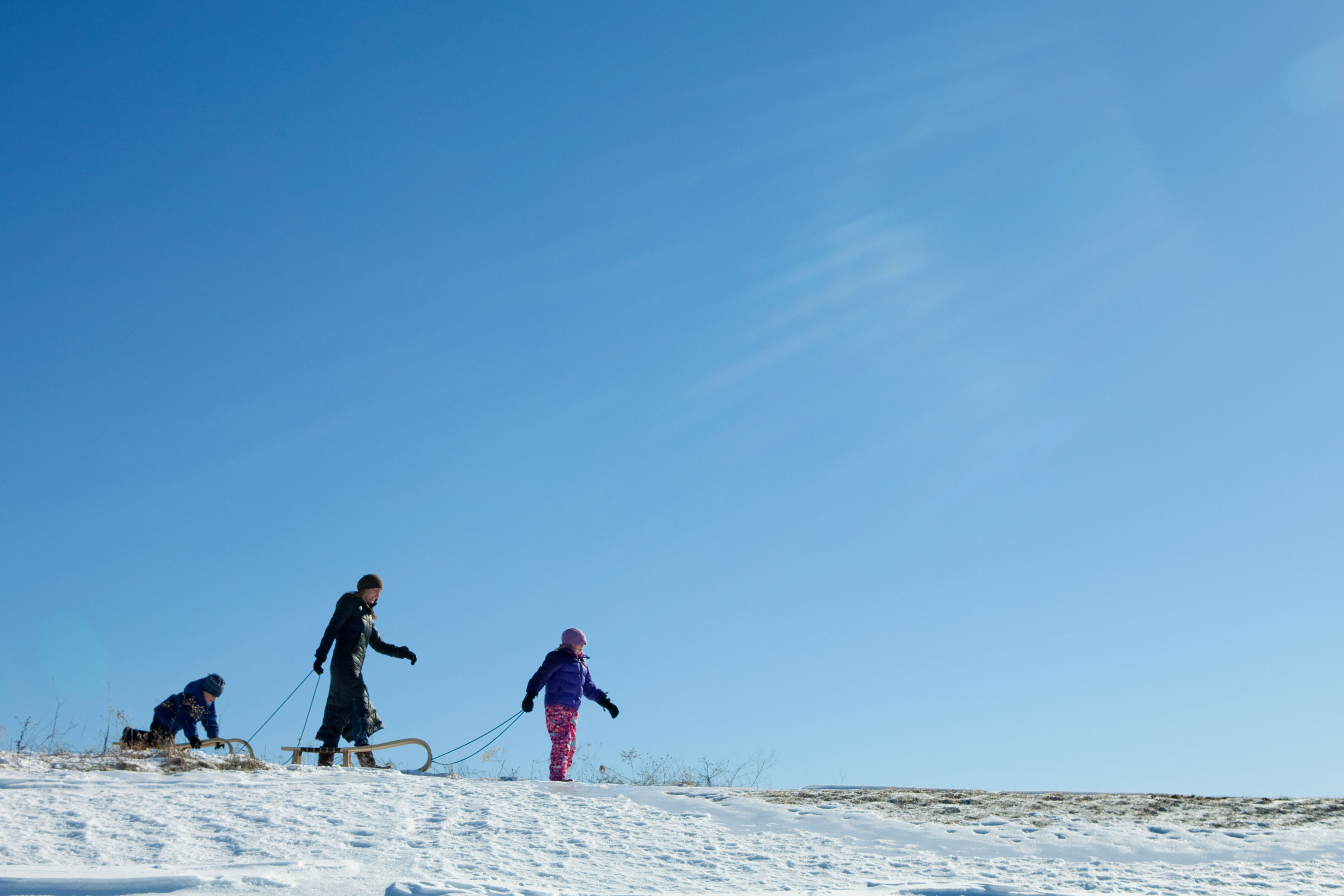 A mother and two daughters pulling sleds through an open field.