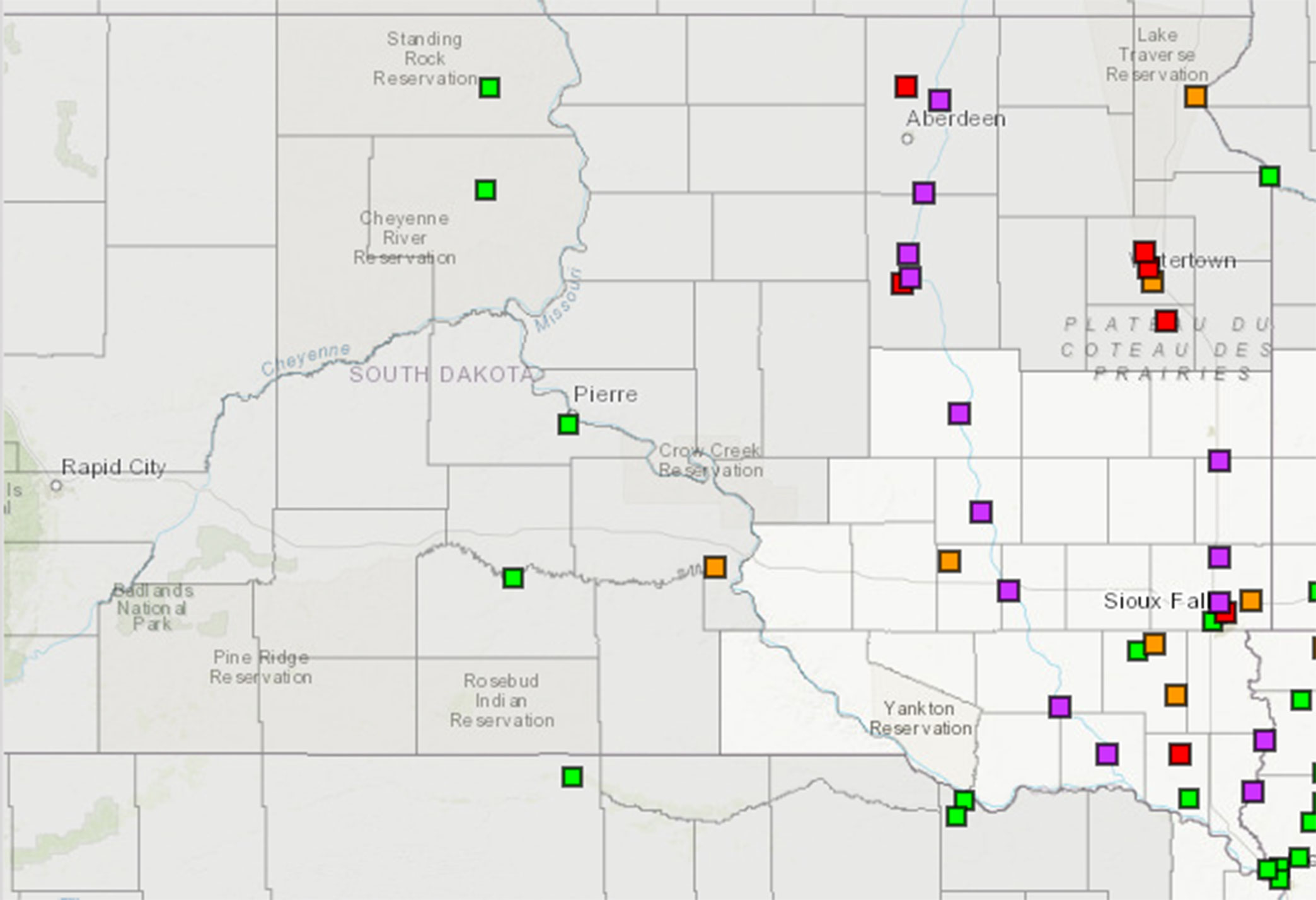 A map of South Dakota with several colored boxes indicating areas of increased flood risk. For a complete description, visit the National Weather Service website at: https://water.weather.gov/ahps2/long_range.php?wfo=fsd