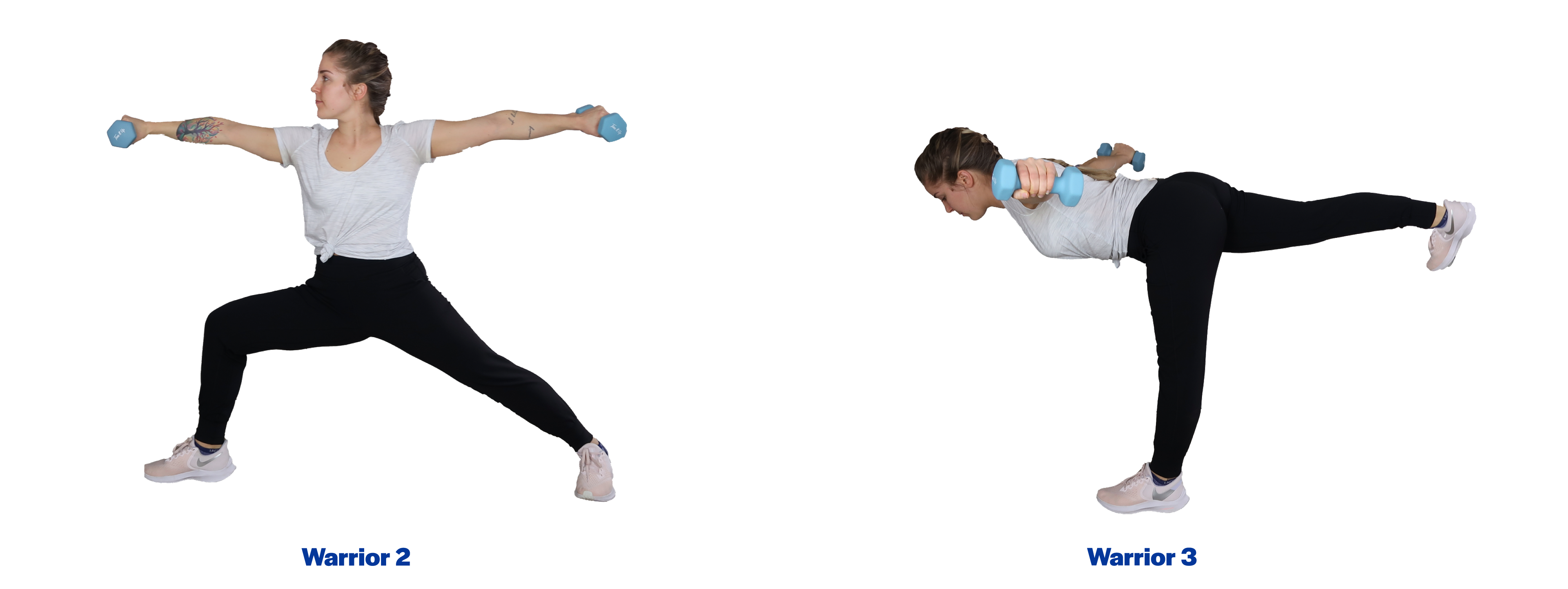 Left: A young woman demonstrating the warrior 2 pose. Right: A young woman demonstrating the warrior 3 pose. For a complete description of the movements, call SDSU Extension at 605-688-6729.