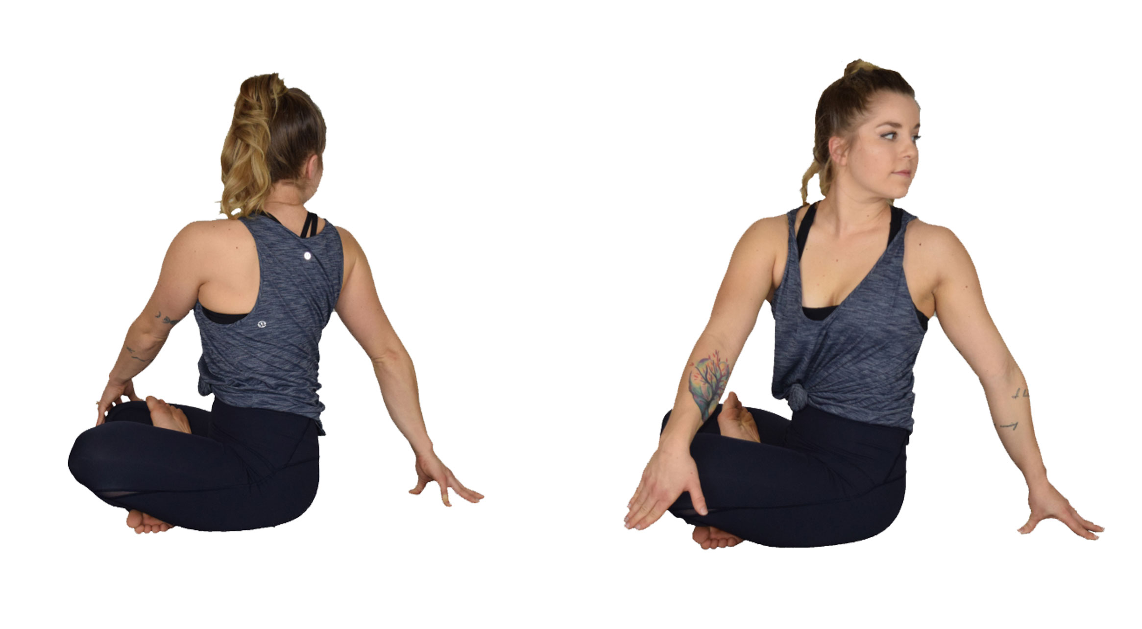 A young woman demonstrating the starting and finishing position for the seated twist yoga pose. For a complete description of the movements, call SDSU Extension at 605-688-6729.
