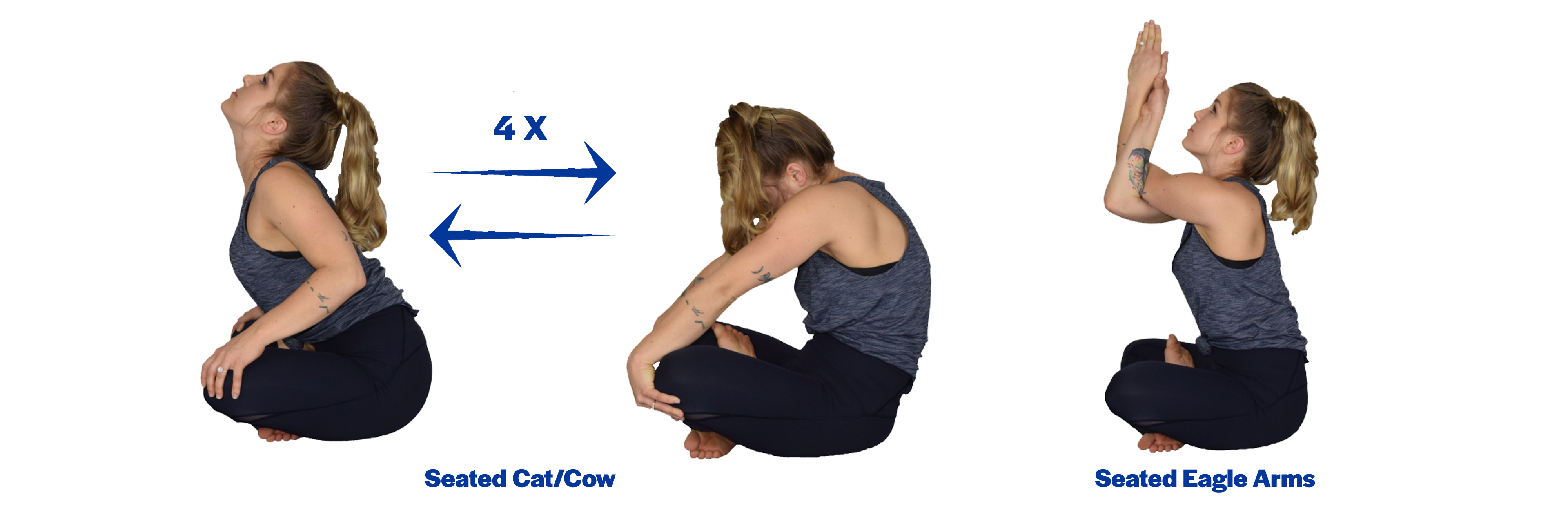 A young woman demonstrating the starting and finishing position for the seated cow-cat and eagle arms yoga poses. For a complete description of the movements, call SDSU Extension at 605-688-6729.
