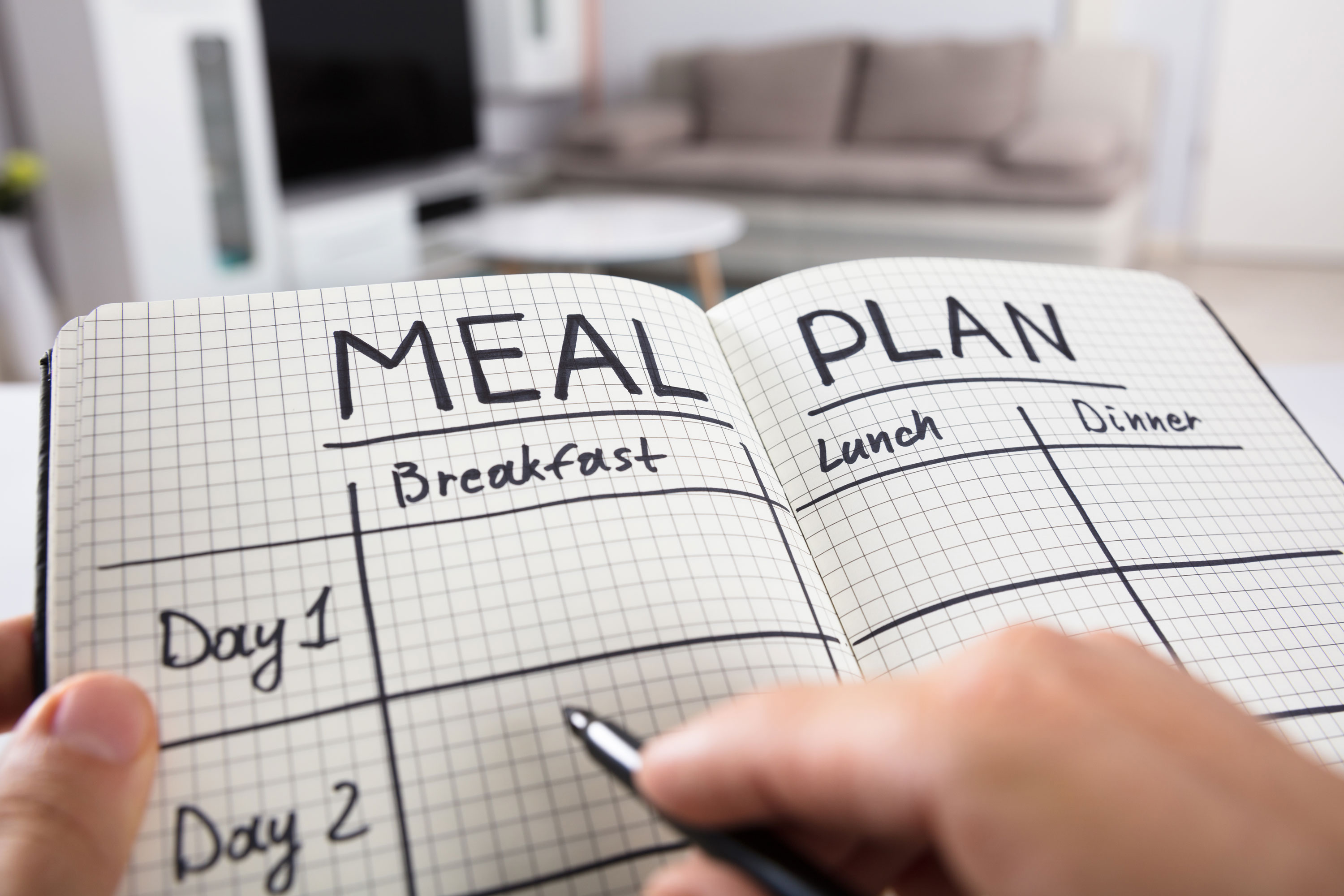 Hands holding a notebook with a meal planning grid drawn out. The grid has sections for breakfast, lunch and dinner across several days.