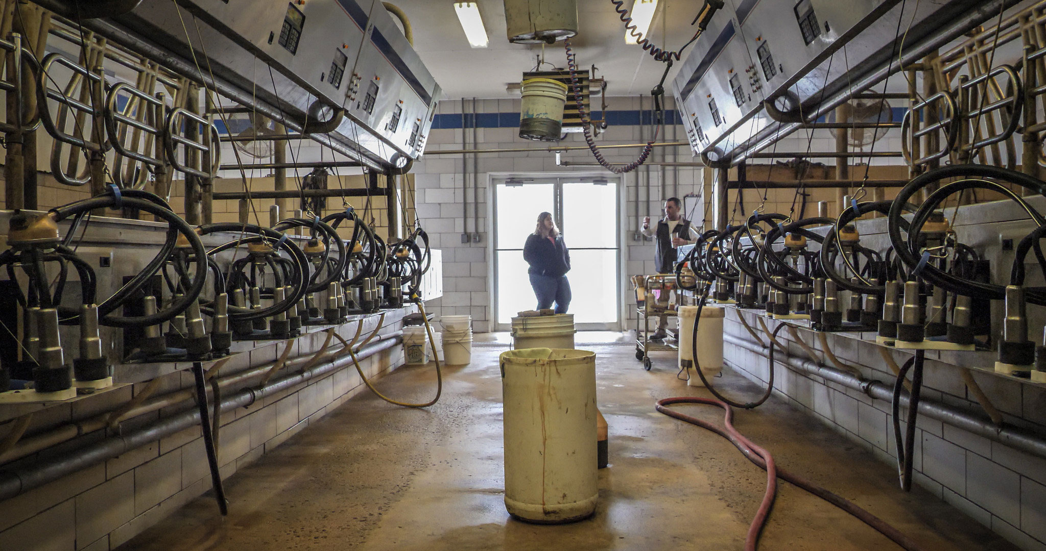 A dairy producer talking to an employee inside a milking facility.