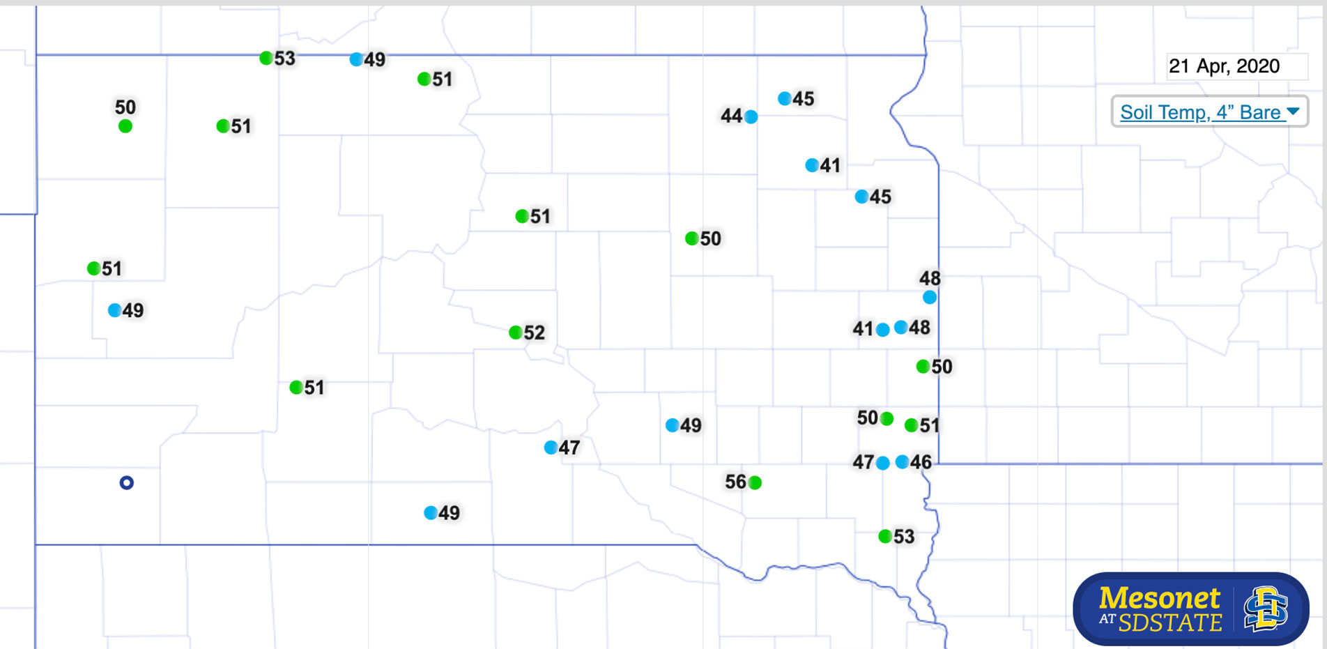 A map of South Dakota illustrating soil temperatures on April 21, 2020. Temperatures throughout the state range from 41 to 56 degrees Fahrenheit. For more information, visit: https://climate.sdstate.edu/archive/maps/