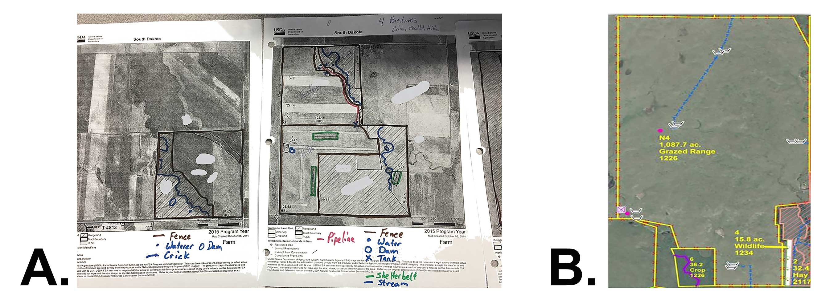 Two ranch inventory maps. This first is labeled "A" and is a hand-drawn map developed from FSA crop-reporting maps. The second is labeled "B" and is a professional map developed by the NRCS. For a complete description, call SDSU Extension at 605-688-6729.