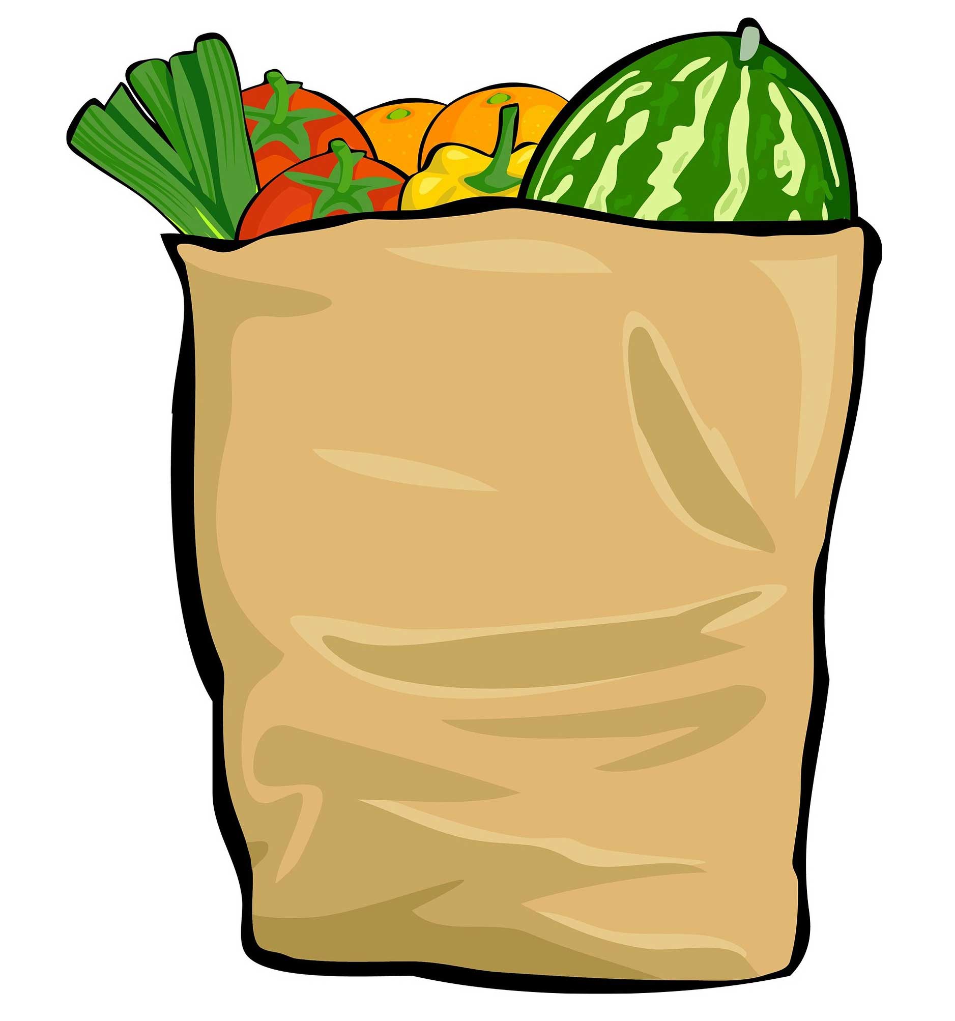 Paper bag full of vegetables and fruits.