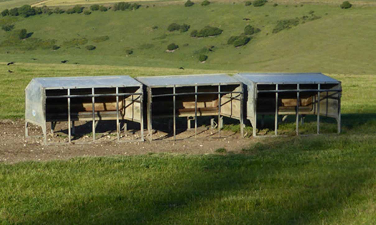 A series of three creep feeders placed on an open range. Courtesy: Robin Webster (CC BY-SA 2.0)