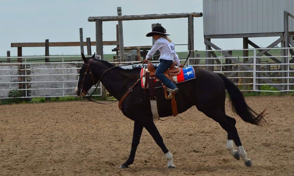 Fayth Martin riding a brown and white horse at a 4-H competition.