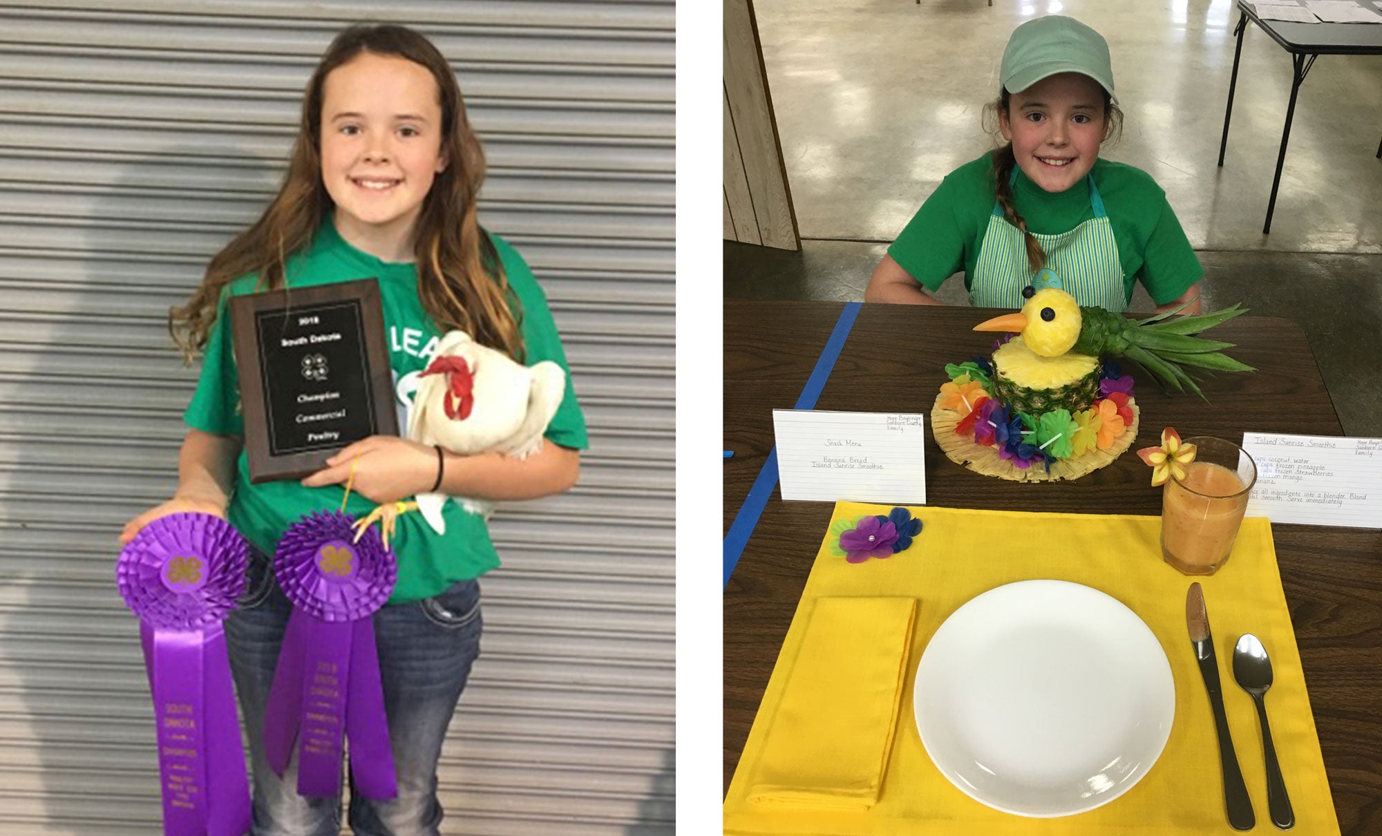 Left: Hope Baysinger holding a chicken along with purple ribbons and a champion plaque for her poultry competition. Right: Hope Baysinger presenting a special foods project at a table.
