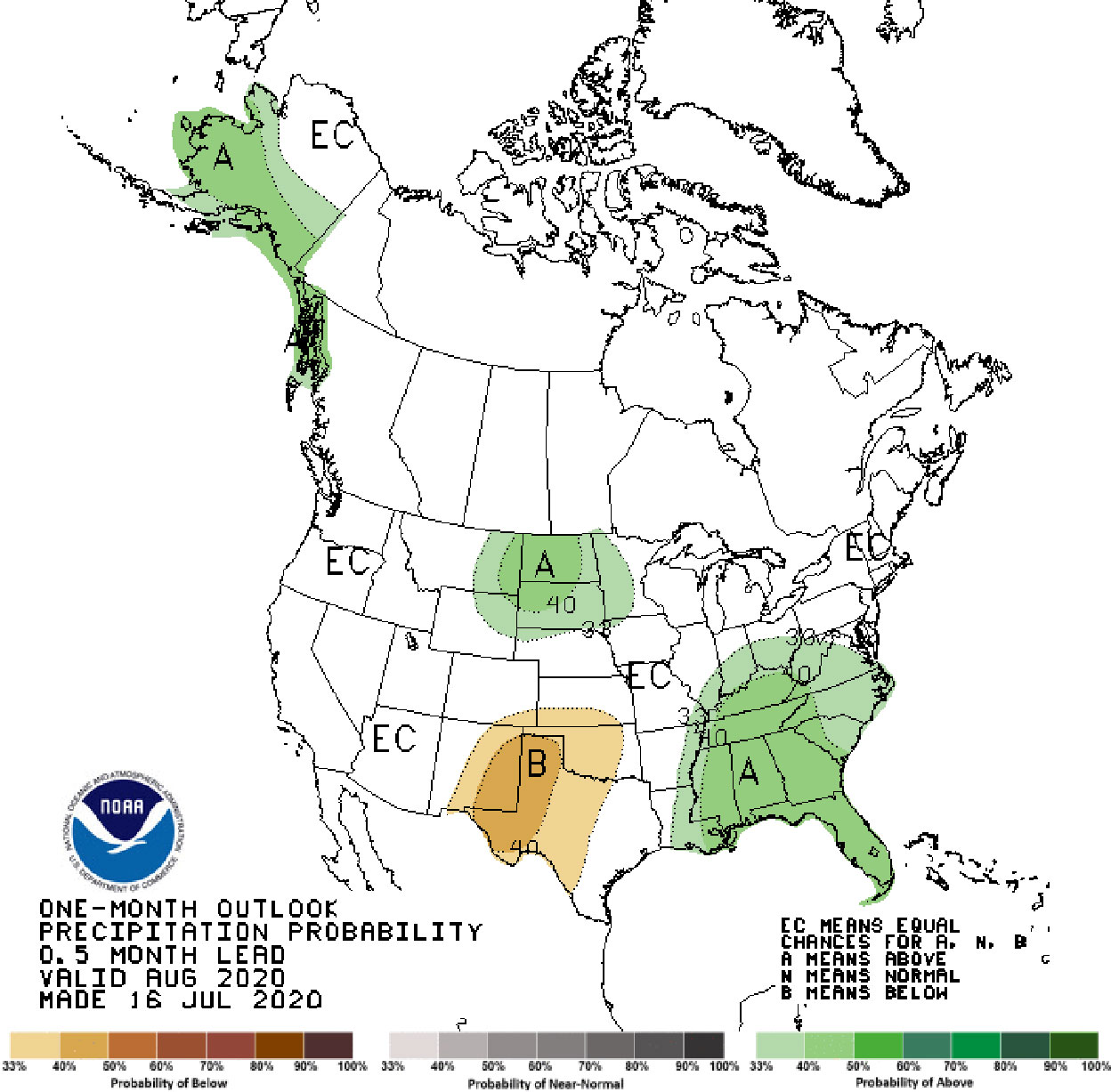 NOAA climate map with preciptation outlook as of July 12, 2020. Most of South Dakota is predicted to have average to above average precipitation.